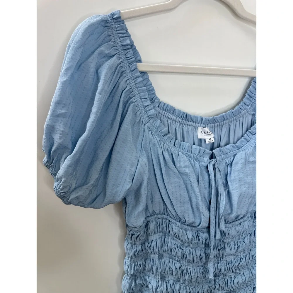LE LIS Light Blue Smocked Puff Sleeve Midi Dress M Milkmaid Cottagecore Coquette - Picture 4 of 16